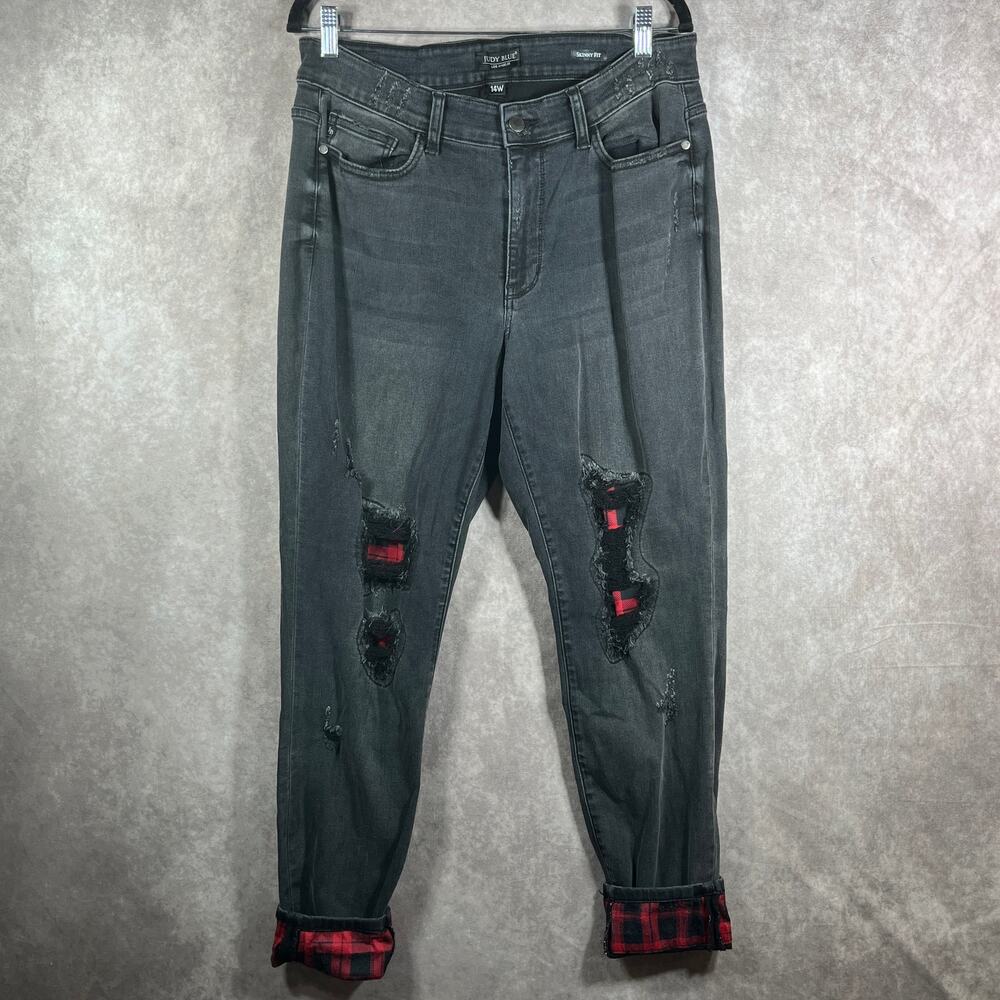 Judy Blue Jeans Womens Size 14W‎ Black Denim Distressed Flannel Lined High Rise